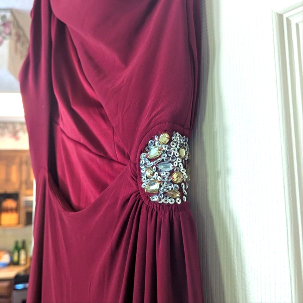 Adrianna Papell Red Ruched Embellished Cocktail Gown